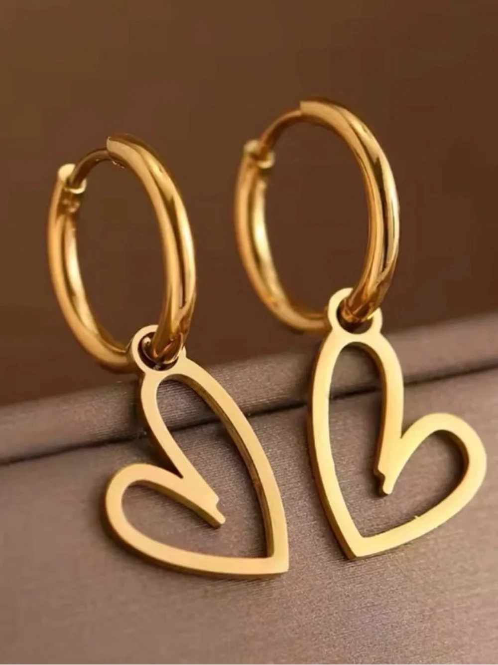 Gold Heart Hoop Drop Earrings - Stainless Steel